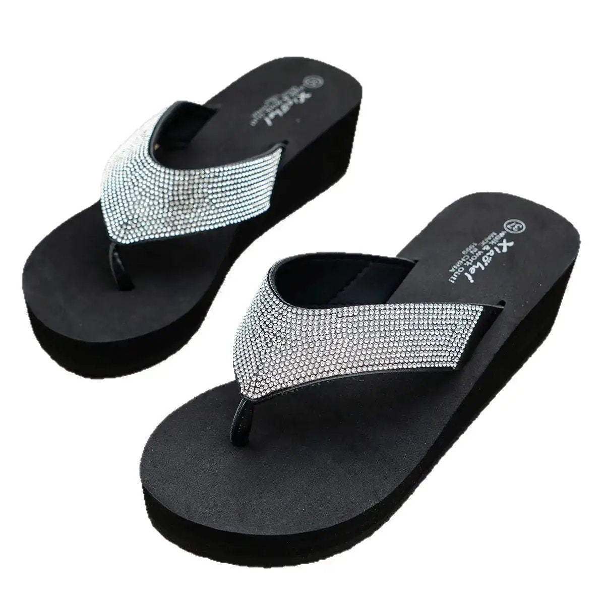 Summer Lightweight High-Heeled Wedge Flip-Flops for Women with Rhinestones, Thick-Soled Thong Sandals for the Beach, Thick-Soled Height-Increasing Sandals by Dropshipman