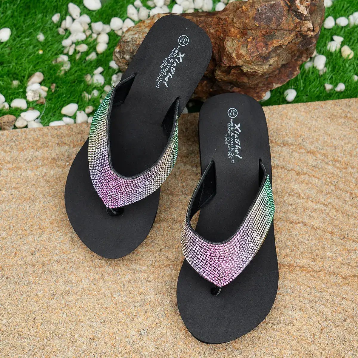Summer Lightweight High-Heeled Wedge Flip-Flops for Women with Rhinestones, Thick-Soled Thong Sandals for the Beach, Thick-Soled Height-Increasing Sandals by Dropshipman