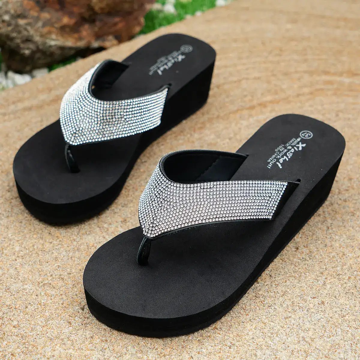 Summer Lightweight High-Heeled Wedge Flip-Flops for Women with Rhinestones, Thick-Soled Thong Sandals for the Beach, Thick-Soled Height-Increasing Sandals by Dropshipman