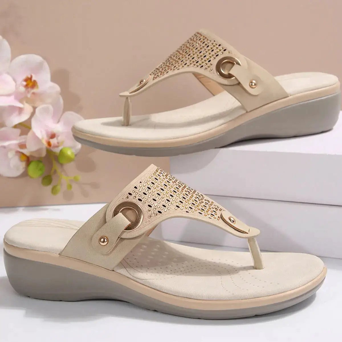 Summer New Wedge-Heeled Slippers for Women, Heightening Casual Rhinestone Thong Sandals for Outer Wear, Beach Flip-Flops, Large Size Shoes by Dropshipman