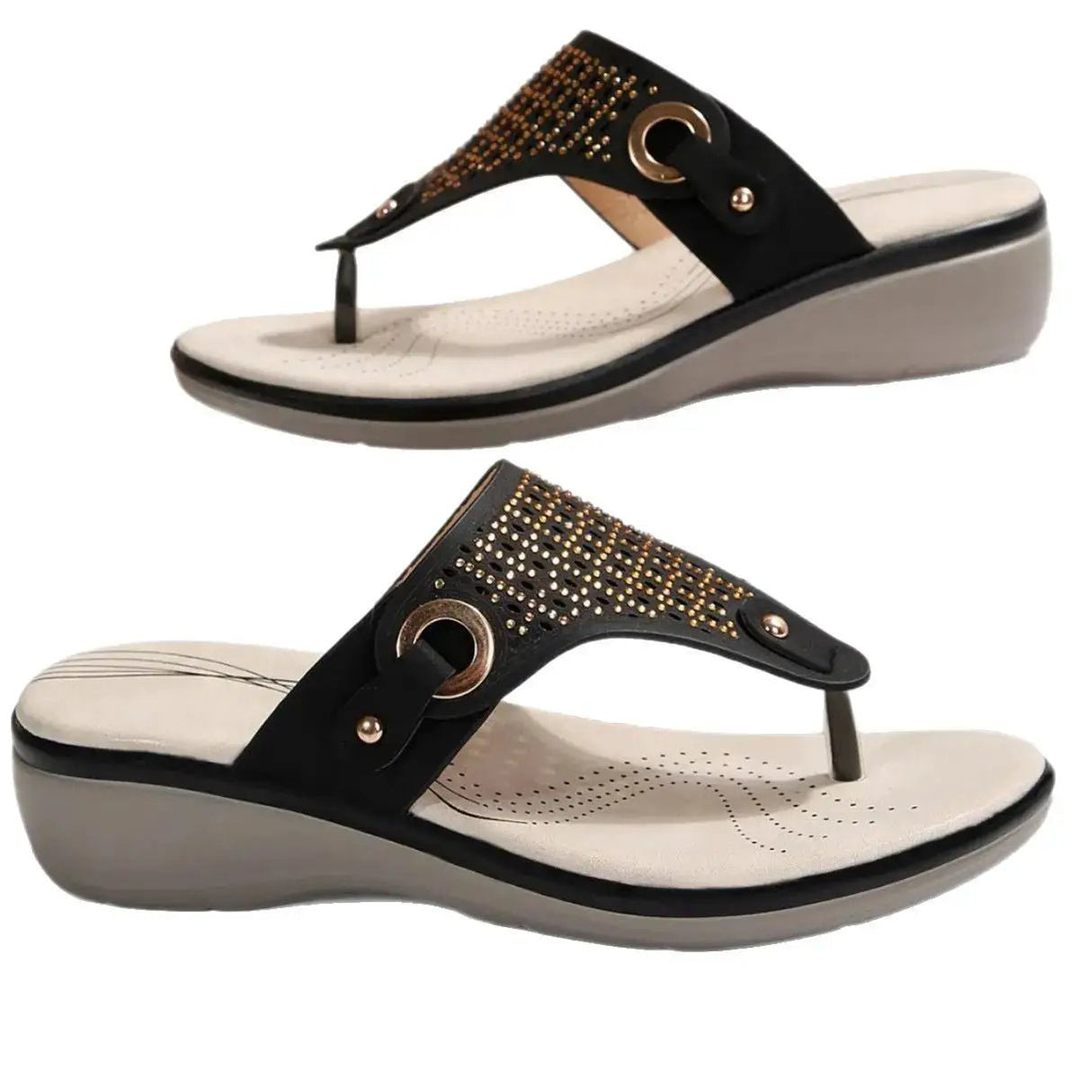 Summer New Wedge-Heeled Slippers for Women, Heightening Casual Rhinestone Thong Sandals for Outer Wear, Beach Flip-Flops, Large Size Shoes by Dropshipman