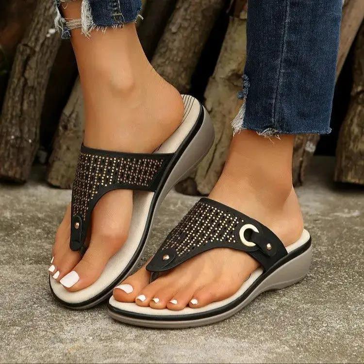 Summer New Wedge-Heeled Slippers for Women, Heightening Casual Rhinestone Thong Sandals for Outer Wear, Beach Flip-Flops, Large Size Shoes by Dropshipman