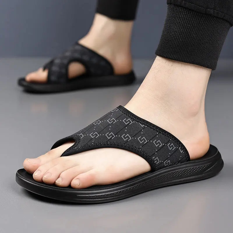 Black men's summer flip-flops by SHOPEZRA L.L.C., non-slip trendy thong sandals for outdoor wear.