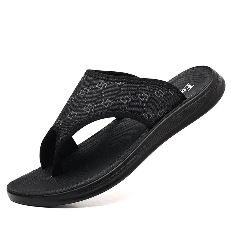 Black men's summer flip-flops by SHOPEZRA L.L.C. with non-slip soles, trendy thong design, suitable for outdoor wear.