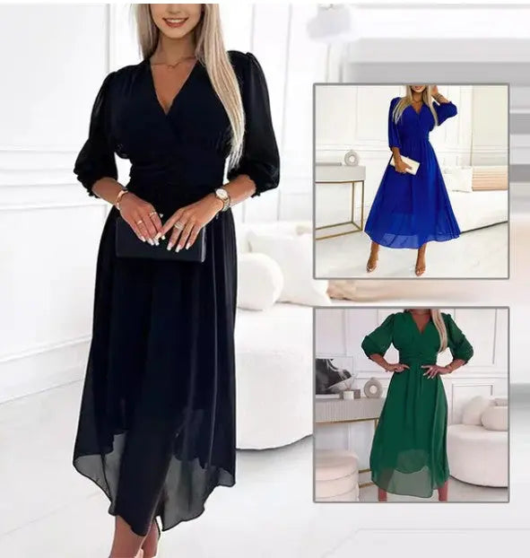 Elegant V-neck chiffon dress showcased in black with variations in blue and green in side images.