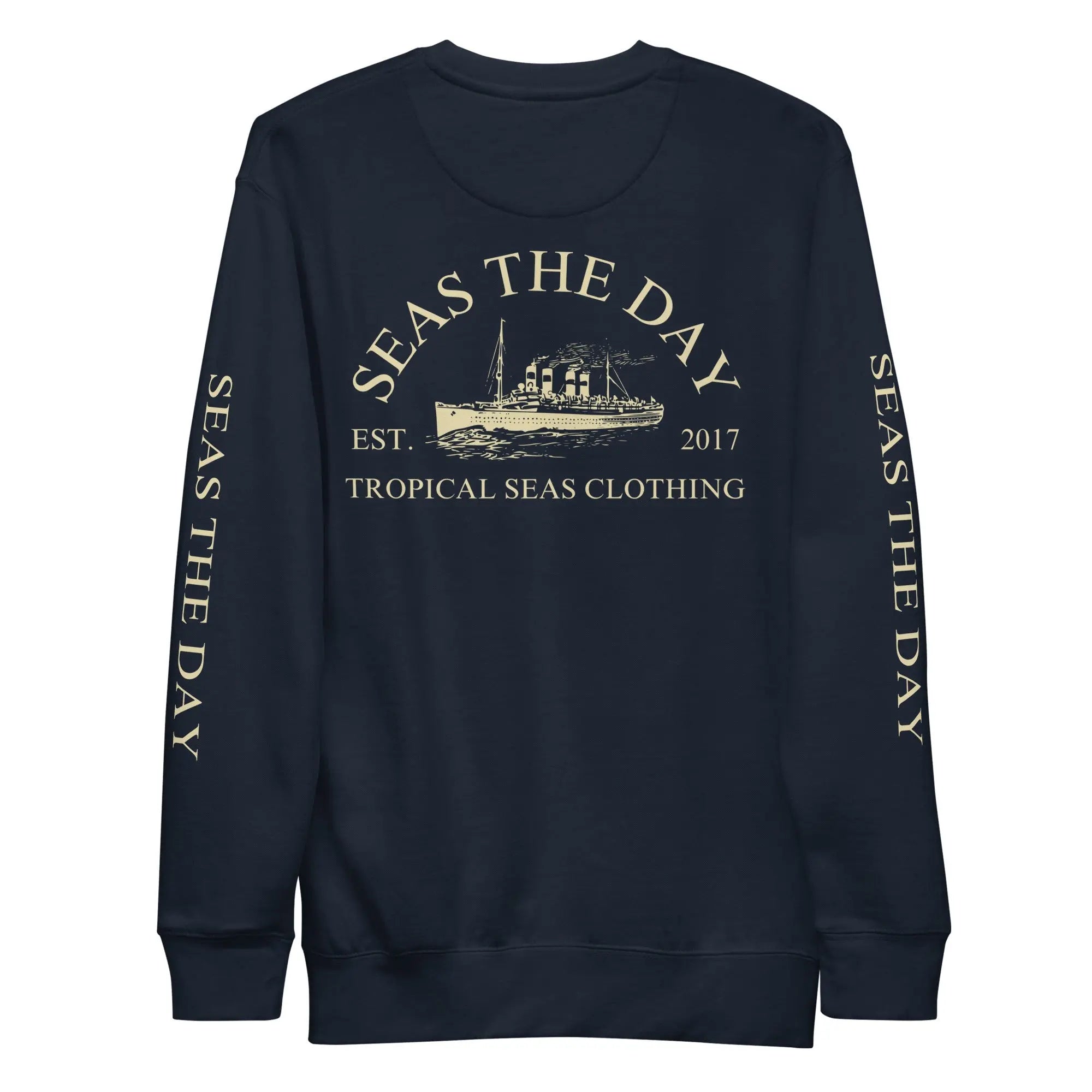 Premium casual sweatshirt featuring a vintage ship design on a navy background with 'Seas The Day' text.
