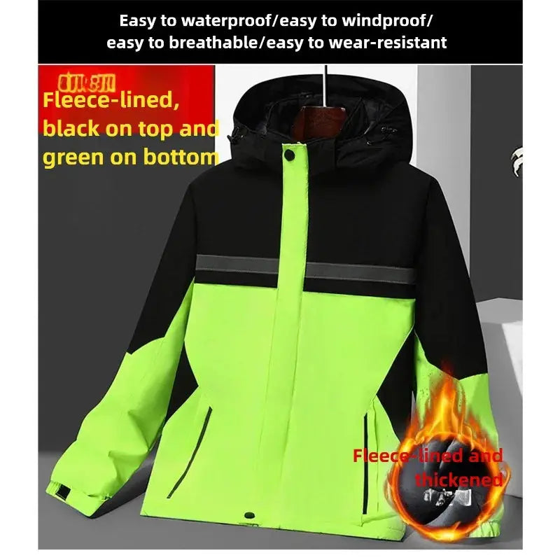 Black winter work jacket by SHOPEZRA L.L.C., waterproof, windproof, reflective thermal coat with fleece lining and stain resistance.