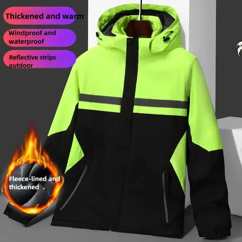 Black waterproof winter work jacket by SHOPEZRA L.L.C. with fleece lining, reflective details, windproof, stain-resistant outdoor coat.