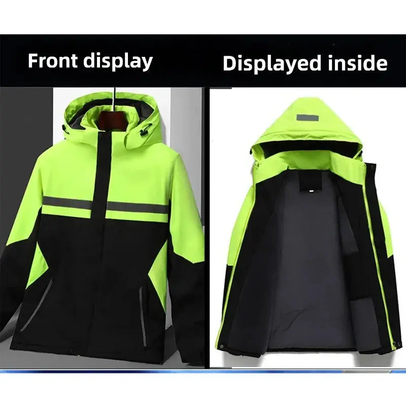 Black winter work jacket by SHOPEZRA L.L.C. waterproof, windproof, thermal coat with fleece lining and stain-resistant outdoor design.