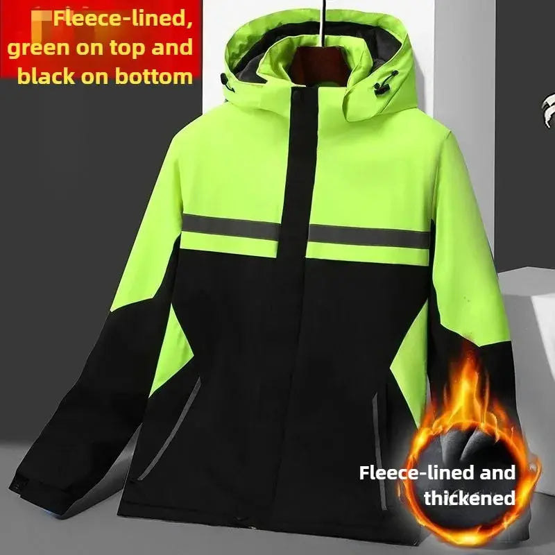 Black winter work jacket by SHOPEZRA L.L.C., waterproof, windproof, reflective, thermal coat with fleece lining and stain resistance.