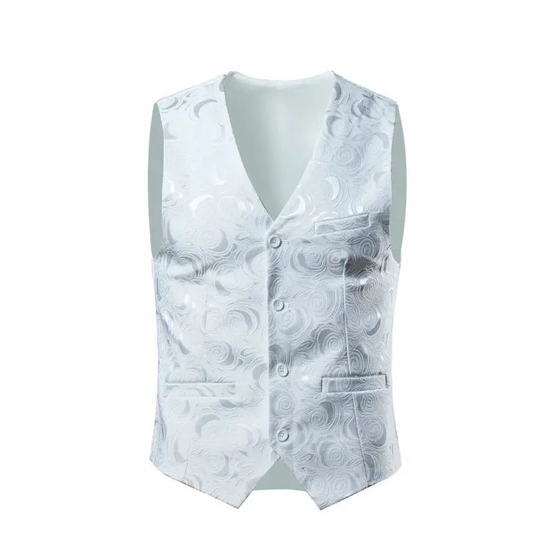 Black luxury men's jacquard suit vest from SHOPEZRA L.L.C., slim fit top suitable for wedding, social, dance, and party wear in plus sizes.