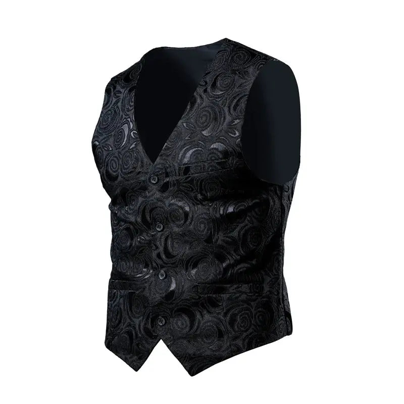 Black luxury men's jacquard suit vest by SHOPEZRA L.L.C., slim fit, size 6XL to 8XL, designed for wedding, social, and dance events.