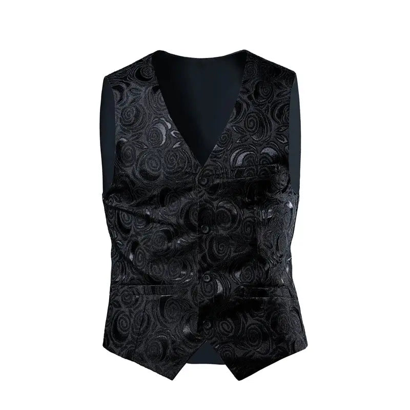 Black luxury men's jacquard suit vest in size 6XL to 8XL, slim fit, ideal for wedding, social, dance parties, by SHOPEZRA L.L.C.