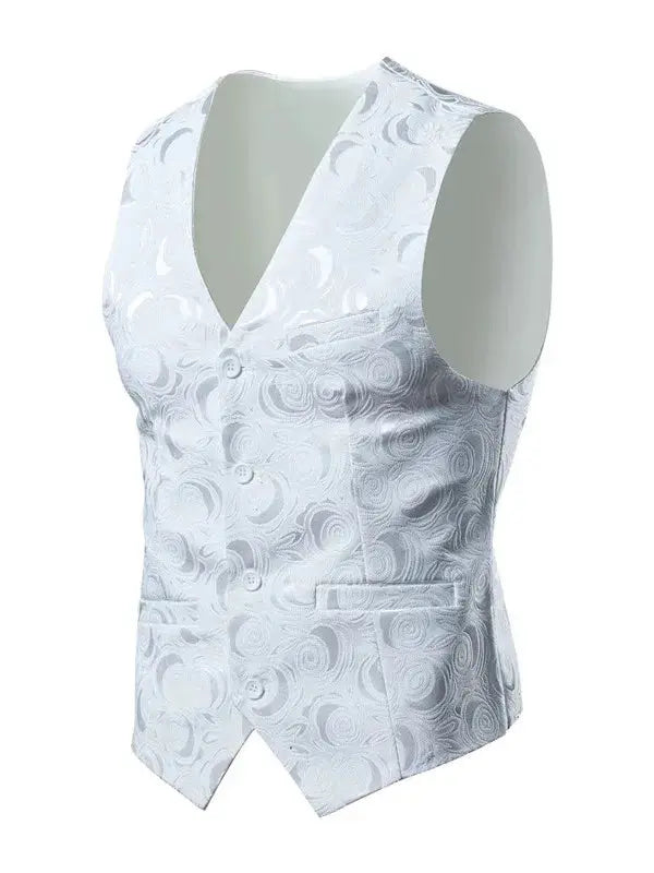 Black luxury men's Jacquard suit vest by SHOPEZRA L.L.C., slim fit design for wedding, social, dance, or party wear, available in 6XL-8XL.