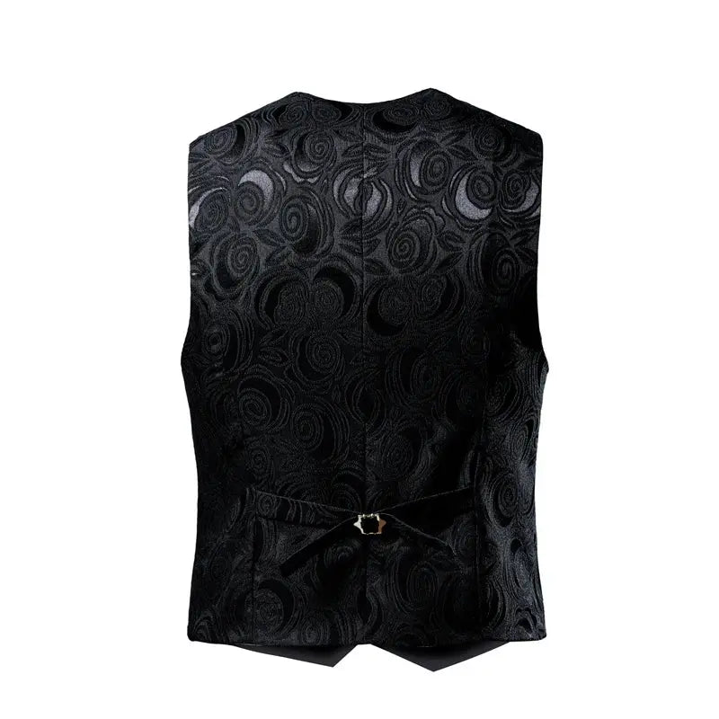 Black luxury men's jacquard suit vest by SHOPEZRA L.L.C., slim fit with white pattern, suitable for wedding, social, dance, and party wear.