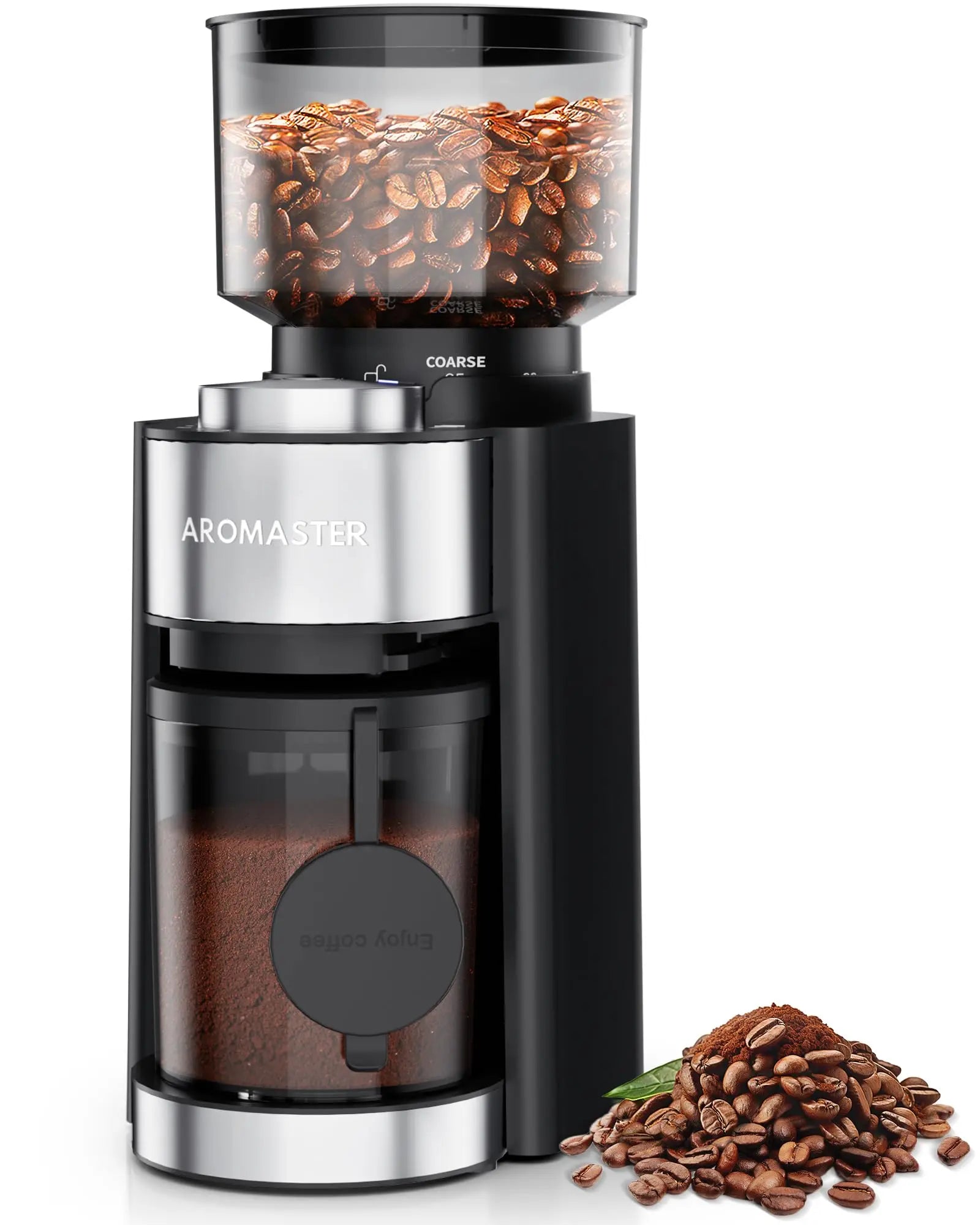 Aromaster burr coffee grinder with portafilter holder displaying whole coffee beans, ground coffee, and sleek black design.
