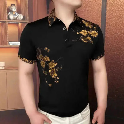 Luxury Flower Embroidered Rhinestone Lapel T-shirt Men Summer Short Sleeve Casual Business POLO Shirts Social Banquet Tshirts by Dropshipman