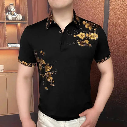 Luxury Flower Embroidered Rhinestone Lapel T-shirt Men Summer Short Sleeve Casual Business POLO Shirts Social Banquet Tshirts by Dropshipman