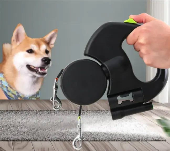 Black auto double dog leash by SHOPEZRA L.L.C. designed for walking two dogs simultaneously with hands-free convenience.