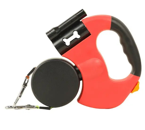 Black auto double dog leash by SHOPEZRA L.L.C. with padded handles and adjustable straps for walking two dogs simultaneously.