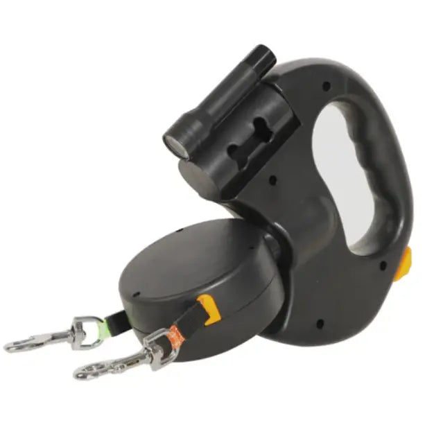 Black auto double dog leash by SHOPEZRA L.L.C., designed for walking two dogs simultaneously with a durable, hands-free design.