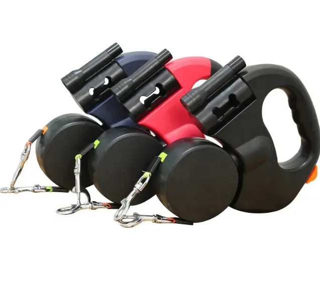 Black auto double dog leash by SHOPEZRA L.L.C. featuring two adjustable straps and durable hardware for walking two dogs simultaneously.