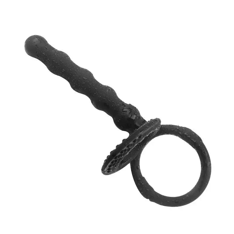 Black dildo penis vibrator with double penetration, anal beads, butt plug, and G-spot massager for adult men and women.