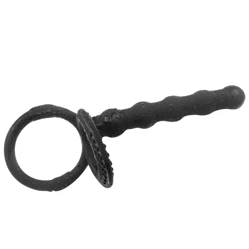 Black dildo and anal beads vibrator with double penetration for men and women, G-spot massager, butt plug, and sex ring.