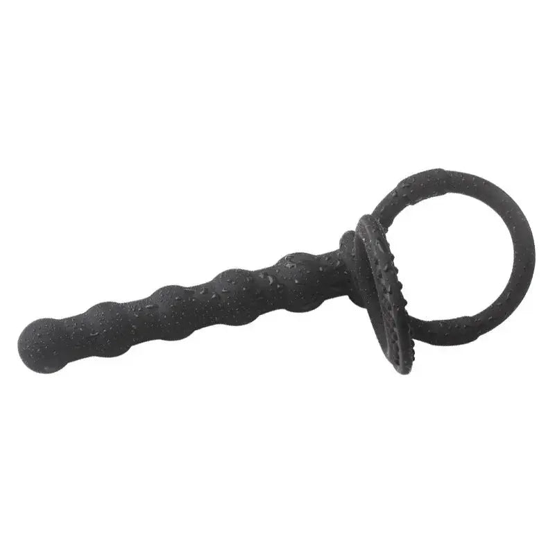 Black dildo penis vibrator with double penetration, anal beads, butt plug, sex ring, and G-spot massager for adult pleasure.