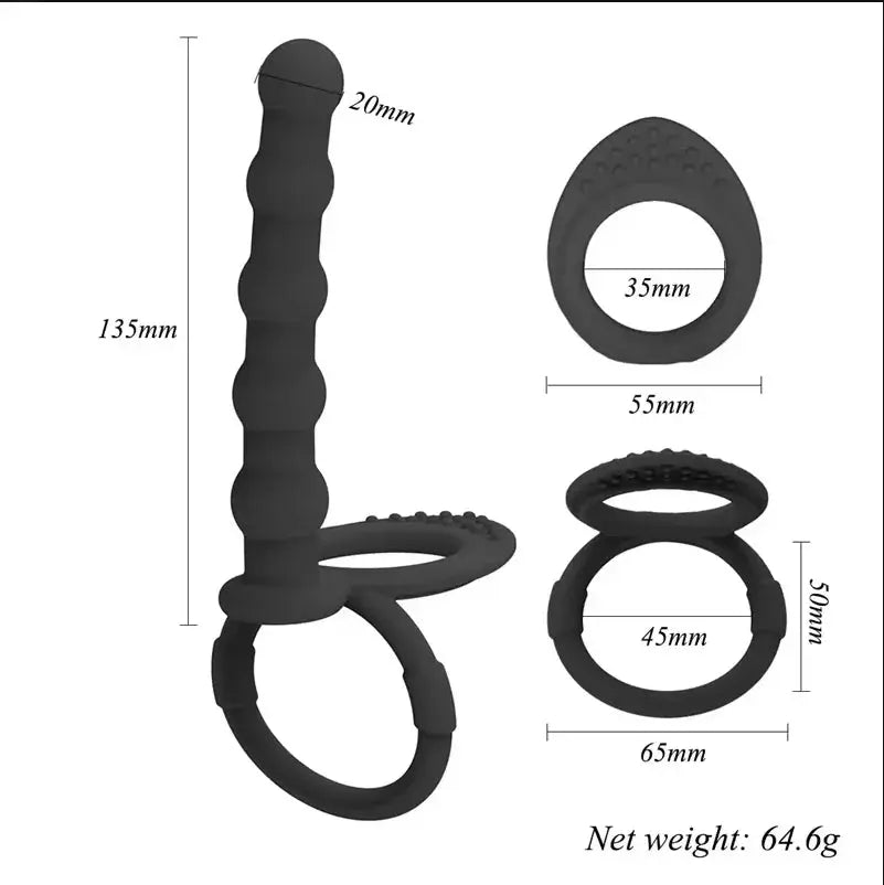 Black dildo penis vibrator with double penetration, anal beads, butt plug, sex ring, and G-spot massager for adult pleasure.