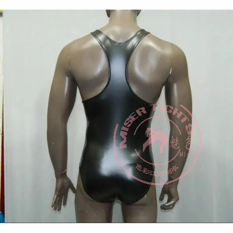 Fahion Men Elastic Bodysuit PU Leather Tank Top Sleeveless Muscle Shirt Fitness Hot Shapers Tights One Pieces Thong Leotard SHOPEZRA L.L.C.