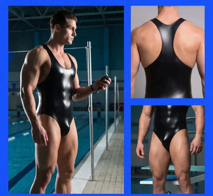 Fahion Men Elastic Bodysuit PU Leather Tank Top Sleeveless Muscle Shirt Fitness Hot Shapers Tights One Pieces Thong Leotard by Dropshipman