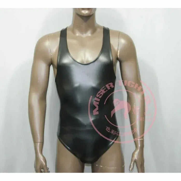 Fahion Men Elastic Bodysuit PU Leather Tank Top Sleeveless Muscle Shirt Fitness Hot Shapers Tights One Pieces Thong Leotard SHOPEZRA L.L.C.