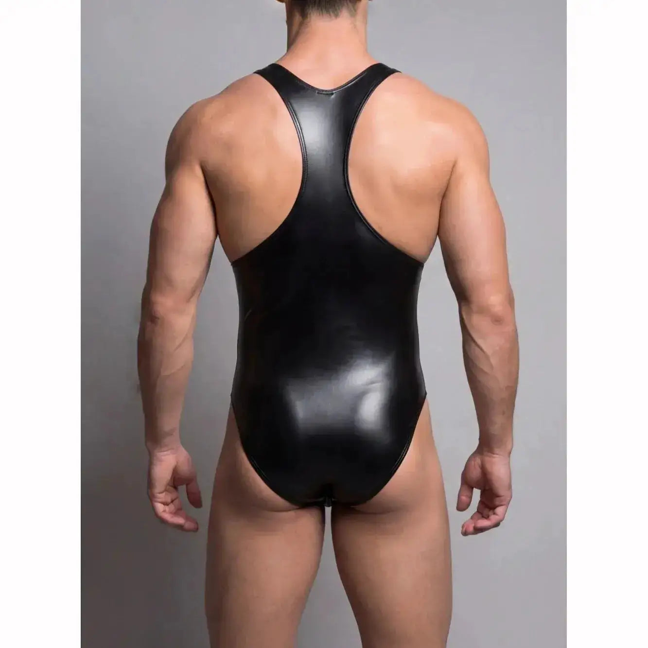 Fahion Men Elastic Bodysuit PU Leather Tank Top Sleeveless Muscle Shirt Fitness Hot Shapers Tights One Pieces Thong Leotard by Dropshipman