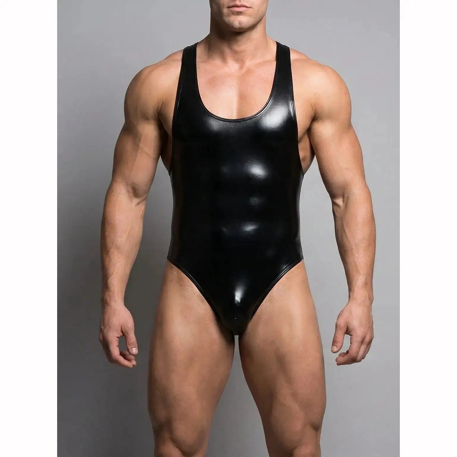 Fahion Men Elastic Bodysuit PU Leather Tank Top Sleeveless Muscle Shirt Fitness Hot Shapers Tights One Pieces Thong Leotard by Dropshipman