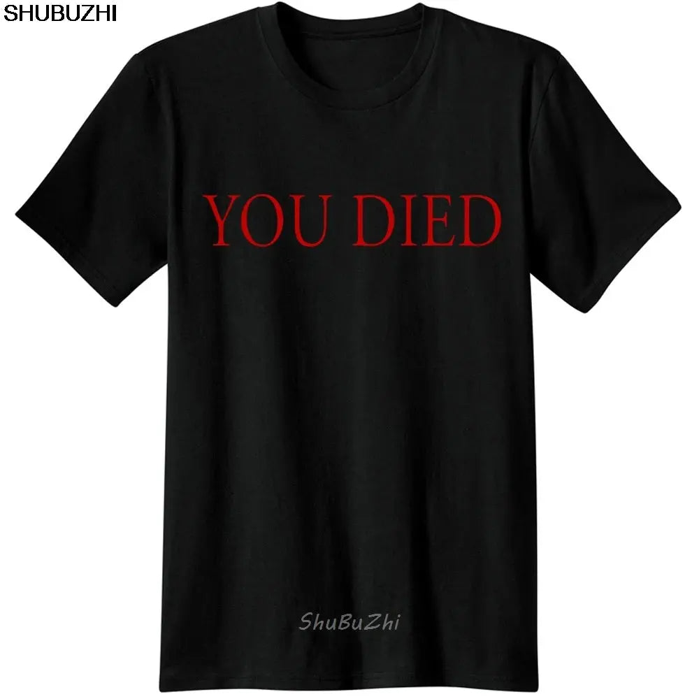 Dark Souls gaming T-shirt for men featuring a humorous "You Died" design, casual fit, black color, from SHOPEZRA L.L.C.