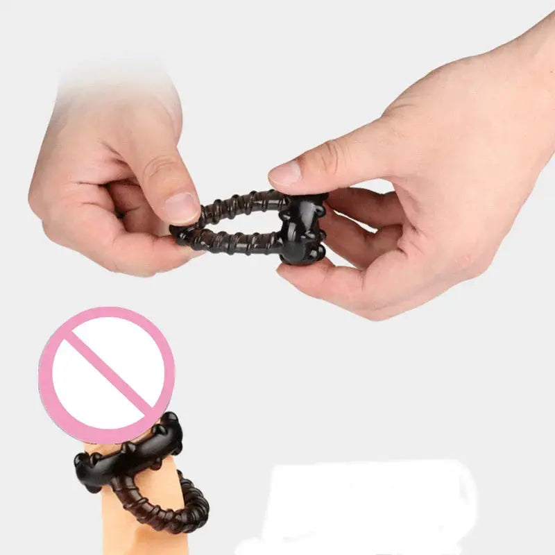 Black silicone dildo sex toy with penis rings and enlargers, featuring ultra-soft, long-lasting material for enhanced male pleasure.
