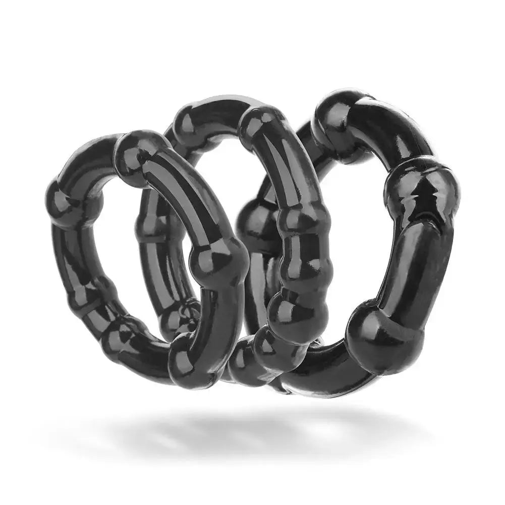 Black silicone dildo sex toy with penis rings and enlargers, designed for erection enhancement and long-lasting pleasure for men.