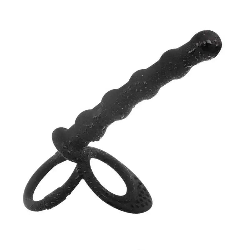 Black double penetration dildo and dual stimulation vibrator for couples, with anal beads, G-spot massager, and cock ring.
