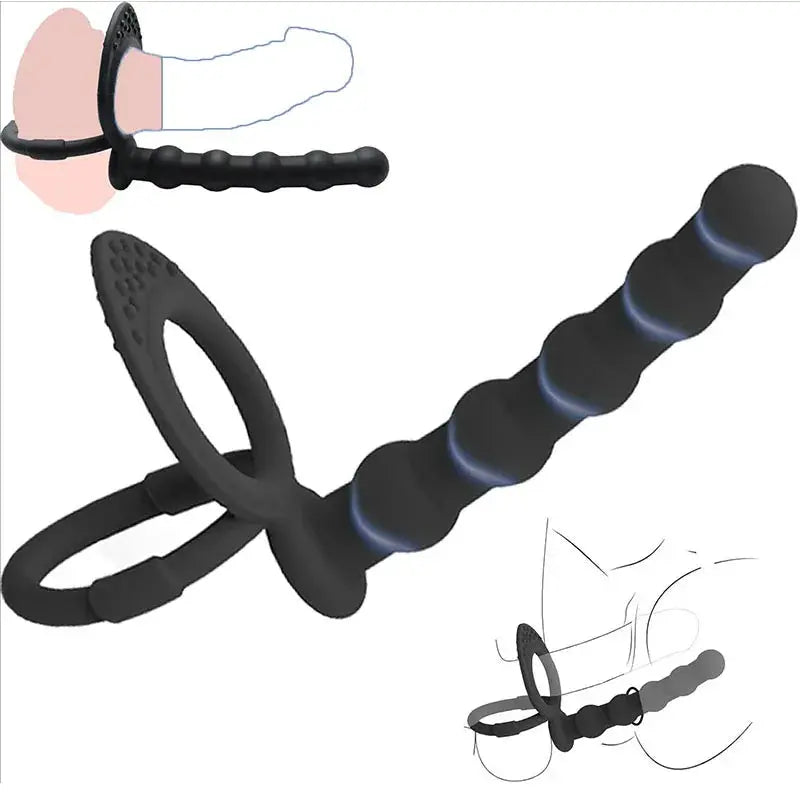 Black double penetration dildo with dual stimulation vibrator, G-spot massager, anal beads, and cock ring for couples.