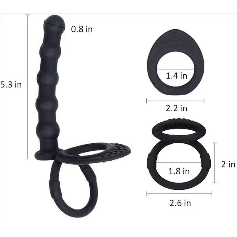 Black double penetration dildo with dual vibrators, anal beads, G-spot massager, and cock ring for couples' adult sex toys.