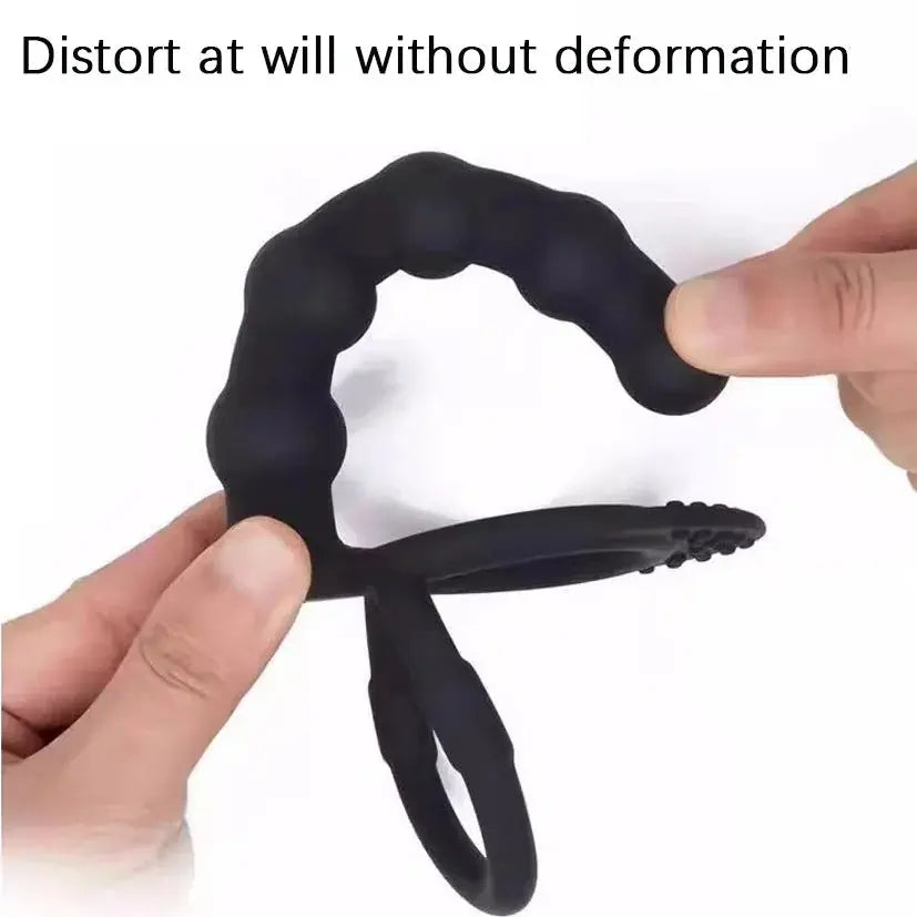 Black double penetration dildo with dual stimulation vibrator, anal beads, G-spot massager, and cock ring for couples' adult sex toys.