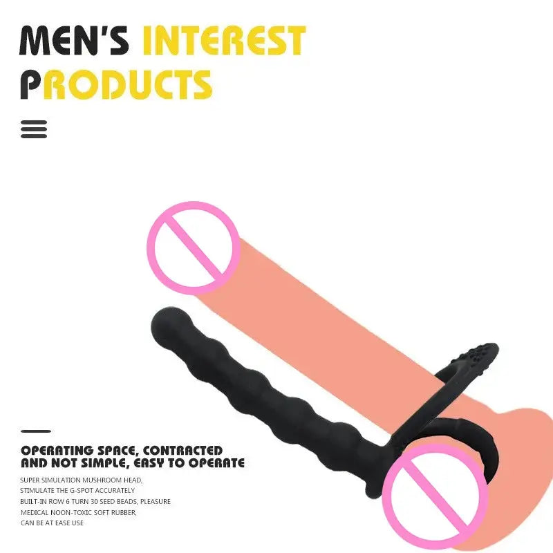 Black double penetration dildo and anal beads sex toy set for couples, featuring G-spot massager, butt plug, and sex ring.
