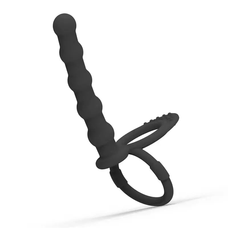 Black double penetration dildo with anal beads, butt plug, and G-spot massager for men, designed for couples' intimate pleasure.