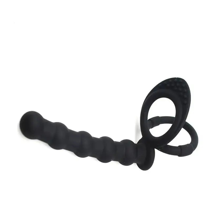 Black double penetration dildo with anal beads, butt plug, sex ring, and G-spot massager designed for couples and men's pleasure.