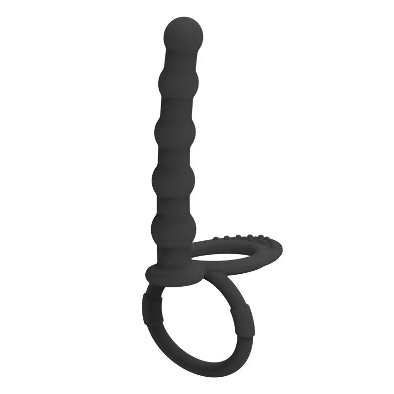 Black double penetration dildo and G-spot massager for men, with anal beads, butt plug, and sex ring, designed for couples' intimacy.