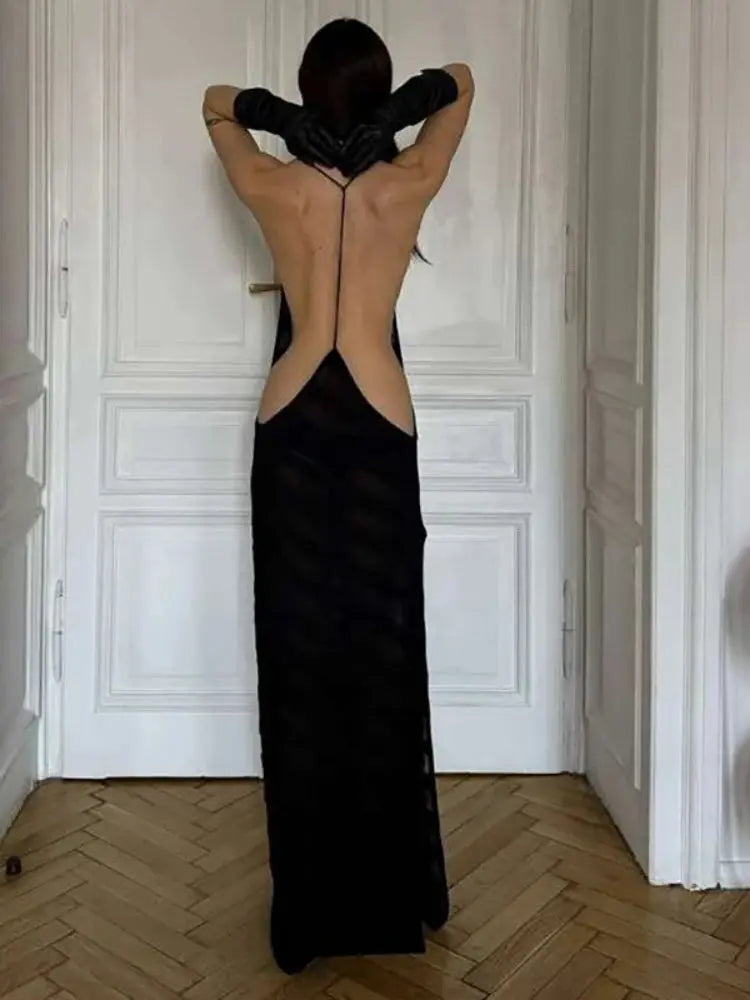 Black evening dress for women by SHOPEZRA L.L.C., backless, see-through, elegant nightwear perfect for club or formal events.
