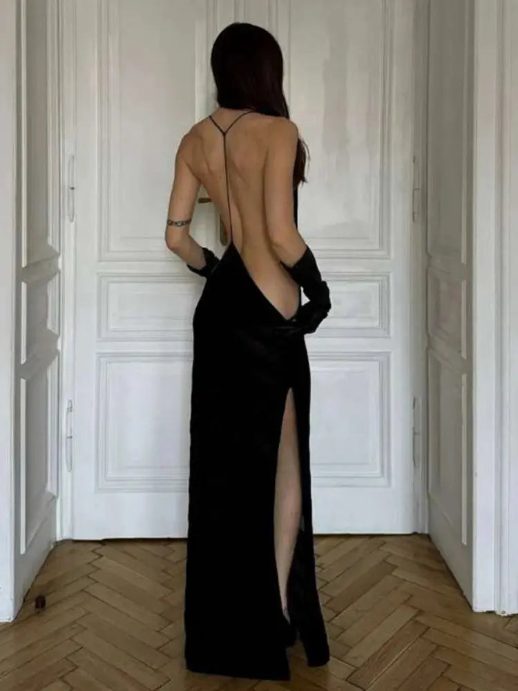 Black evening dress for women by SHOPEZRA L.L.C., backless, see-through, elegant nightwear perfect for club or formal events.