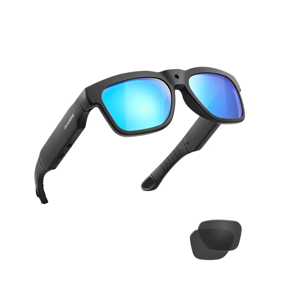 OhO sunshine wifi camera sunglasses with streaming, black frame-blue lens, 256GB, UV400, for outdoor use.