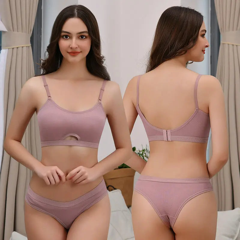Black women's breathable underwear and sports bra set with a comfortable sling design and stylish back detail.